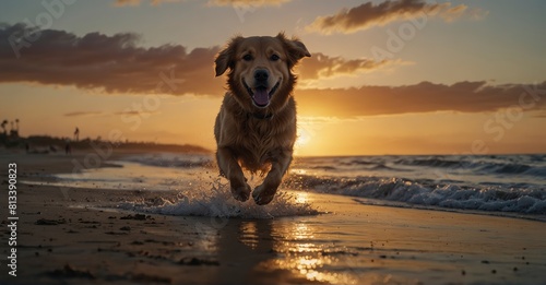 High-detail Sunset beach bliss with a golden retriever in full stride, racing towards the camera photo