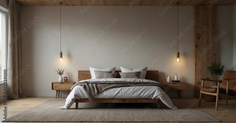 Obraz na płótnie Relax in style in this Scandinavian-inspired bedroom, with a rustic wooden bed against a white wall, offering a serene ambiance and empty space for customization w salonie