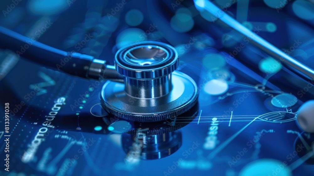 Close-up of a stethoscope on a digital screen displaying medical data, emphasizing electronic healthcare Close-up of a stethoscope on a digital screen displaying medical data, emphasizing electronic healthcare