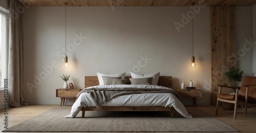 Relax in style in this Scandinavian-inspired bedroom, with a rustic wooden bed against a white wall, offering a serene ambiance and empty space for customization