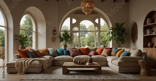 Relax in style with a corner sofa nestled against an arched window, adorned with pillows, in this modern living room showcasing boho ethnic décor.