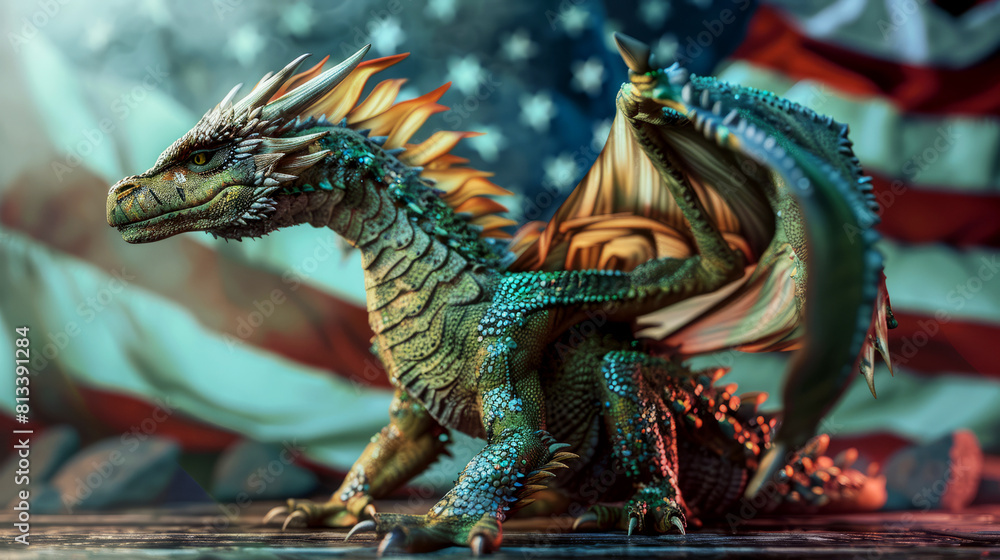 Fantasy dragon in a dynamic pose against an American flag, illustrating a fusion of mythological grandeur and patriotic spirit Fantasy dragon in a dynamic pose against an American flag, illustrating a fusion of mythological grandeur and patriotic spirit