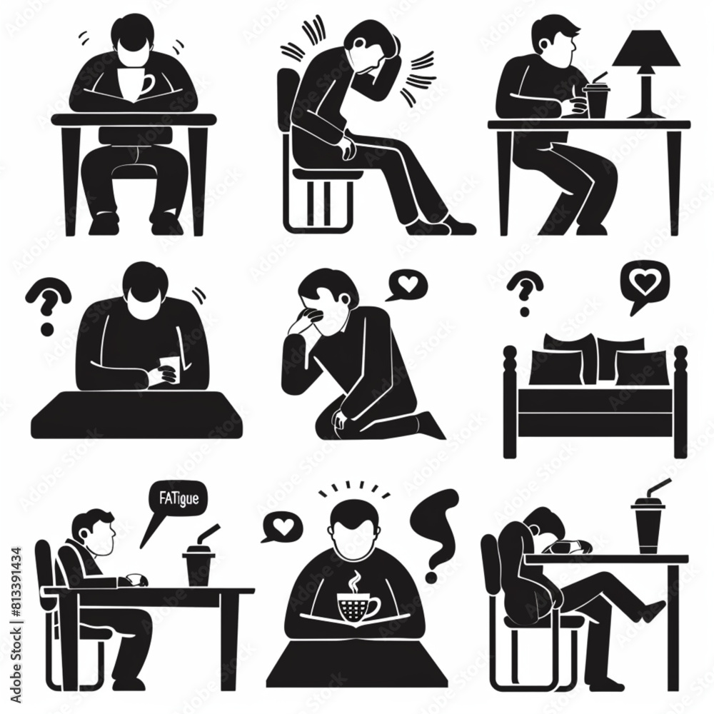 A set of black vector icons on a white background showing sleep and energy levels. One person sitting at a desk sleeping with 