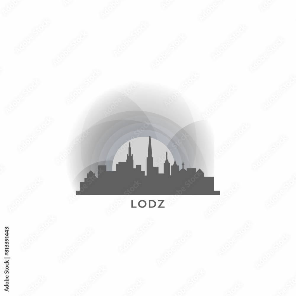Obraz premium Lodz cityscape skyline city panorama vector flat logo, modern icon. Poland town landmarks and building silhouettes, isolated clipart at sunset, sunrise, night grey