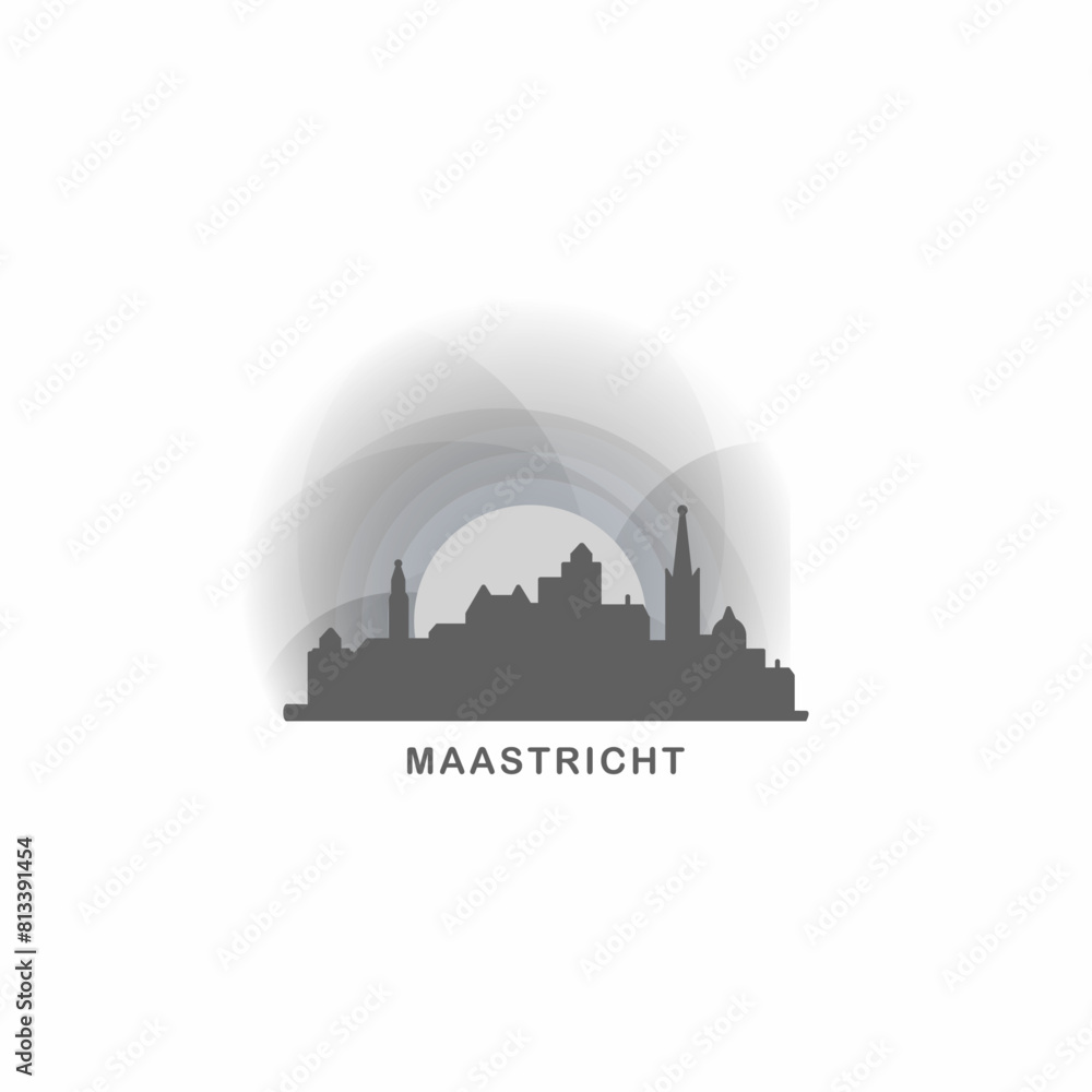 Obraz premium Maastricht cityscape skyline city panorama vector flat logo, modern icon. Holland, Netherlands town landmarks and building silhouettes, isolated clipart at sunset, sunrise, night grey