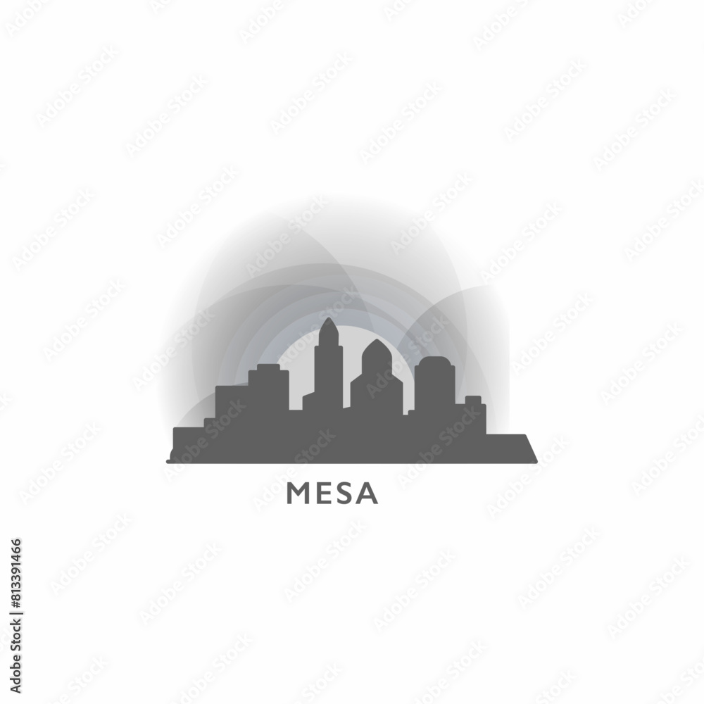 Mesa, Arizona state cityscape skyline panorama vector flat logo, modern icon. USA, America city landmarks and building silhouettes, isolated clipart at sunset, sunrise, night grey Mesa, Arizona state cityscape skyline panorama vector flat logo, modern icon. USA, America city landmarks and building silhouettes, isolated clipart at sunset, sunrise, night grey