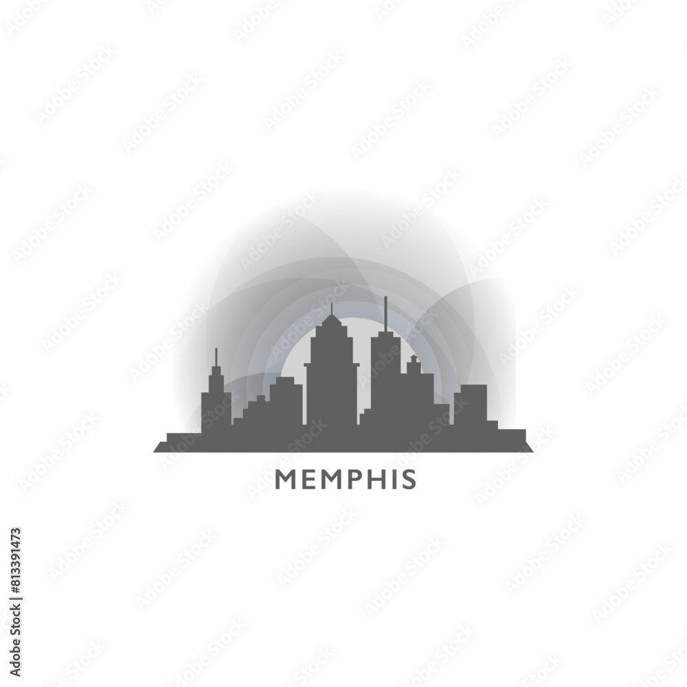 Naklejka premium Memphis, Tennessee state cityscape skyline panorama vector flat logo, modern icon. USA, America city landmarks and building silhouettes, isolated clipart at sunset, sunrise, night grey