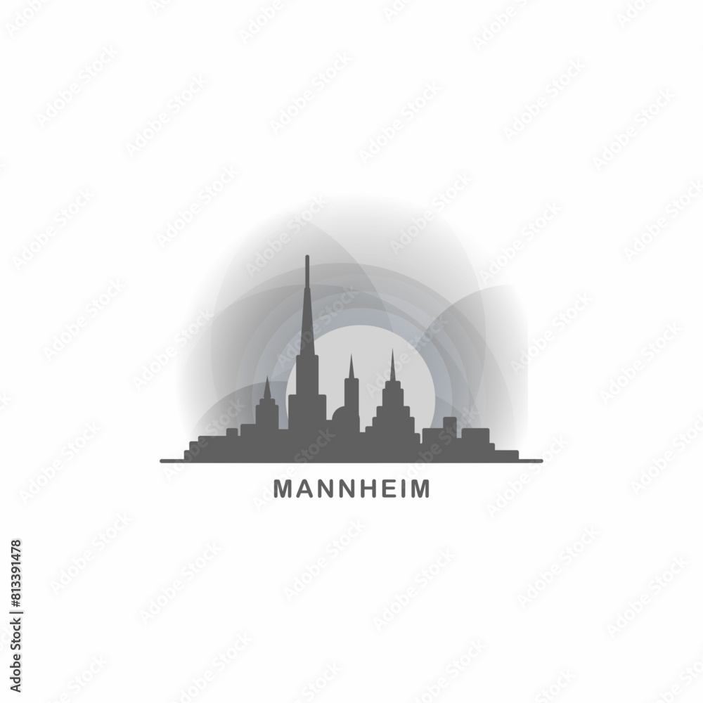Fototapeta premium Mannheim cityscape skyline city panorama vector flat logo, modern icon. Germany landmarks and building silhouettes, isolated clipart at sunset, sunrise, night grey