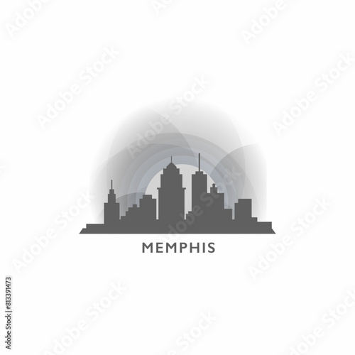 Memphis, Tennessee state cityscape skyline panorama vector flat logo, modern icon. USA, America city landmarks and building silhouettes, isolated clipart at sunset, sunrise, night grey