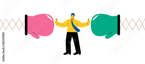 Business man stand in the middle to stop conflicted. Conflict management concept. Flat vector illustration isolated on white background