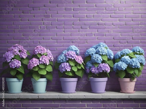 Hydrangea flowers on an old brick wall, vintage style for a cute background.