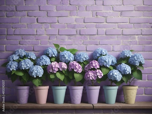 Hydrangea flowers on an old brick wall, vintage style for a cute background.