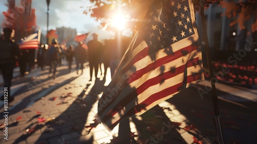 Crowd of people with American flags on the street at sunset © Sumera
