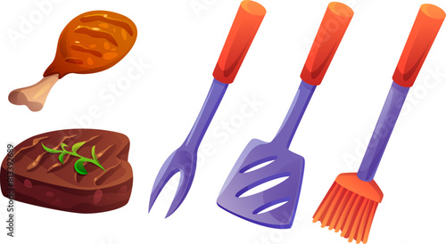 Bbq meat and tools cartoon collection. Vector illustration set of grill meal and supplies for cooking - chicken or turkey leg on bone, pork or beef steak and spatula, fork and brush for barbecue.