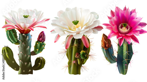 Set of night blooming cacti flowers including Queen of the Night, San Pedro, and Moon Cactus, isolated on transparent background