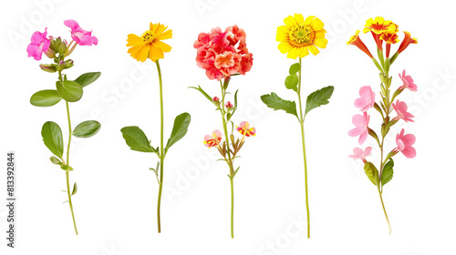 Set of heat tolerant flowers including portulaca, blanket flower, and lantana, isolated on transparent background