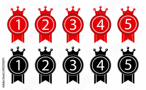 Ranking medal ribbon and crown vector icon set. 1, 2, 3, 4, 5 winner ranking number. 1st place to 5th place. Crown medal icon set in red and black color.