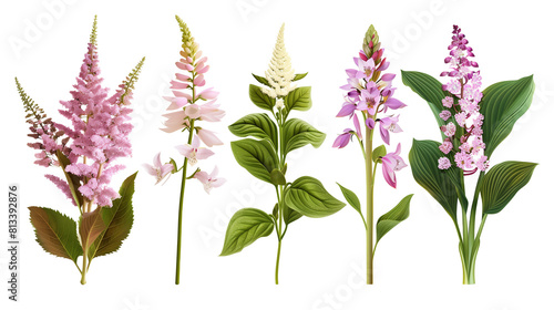 Set of shade loving flowers including astilbe  hostas  and toad lily  isolated on transparent background