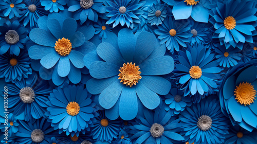 A blue and yellow flower arrangement with many flowers