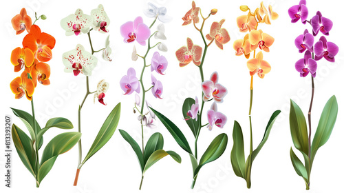 Set of exotic orchids including phalaenopsis, dendrobium, and cattleya, isolated on transparent background