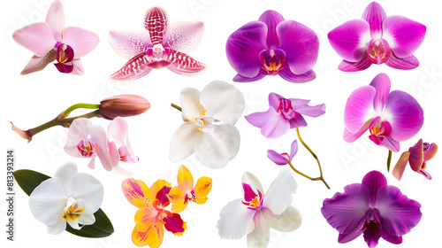 Set of exotic orchids including phalaenopsis  dendrobium  and cattleya  isolated on transparent background