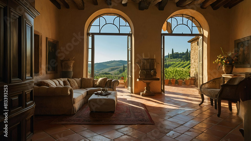  Inside a lavish villa nestled in the heart of Tuscany, surrounded by rolling vineyards and cypress trees