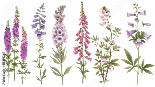 Set of traditional English garden flowers including lavender  foxglove  and lupine  isolated on trnsparent background