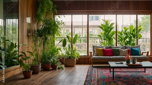 Video animation of well lit, spacious living room with large windows that allow ample natural light to fill the space. The room features a variety of green plants of different sizes and shapes photo
