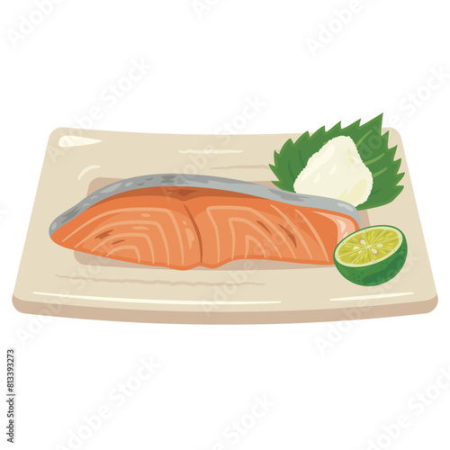 皿に盛られた鮭の塩焼き