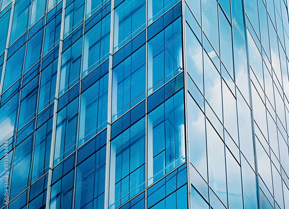 A modern glass building with blue reflections, showcasing the beauty of architectural design in an urban setting
