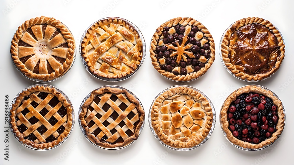Assorted pies  in distinct presentations against a neutral white background, enticing with their delectable differences.
