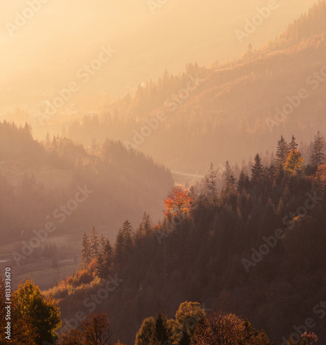 stunning autumn scene in mountains, autumn morning dawn, nature colorful background, Carpathians mountains, Ukraine, Europe photo