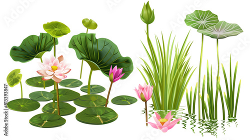 Set of water-loving plants including water lily, lotus, and papyrus