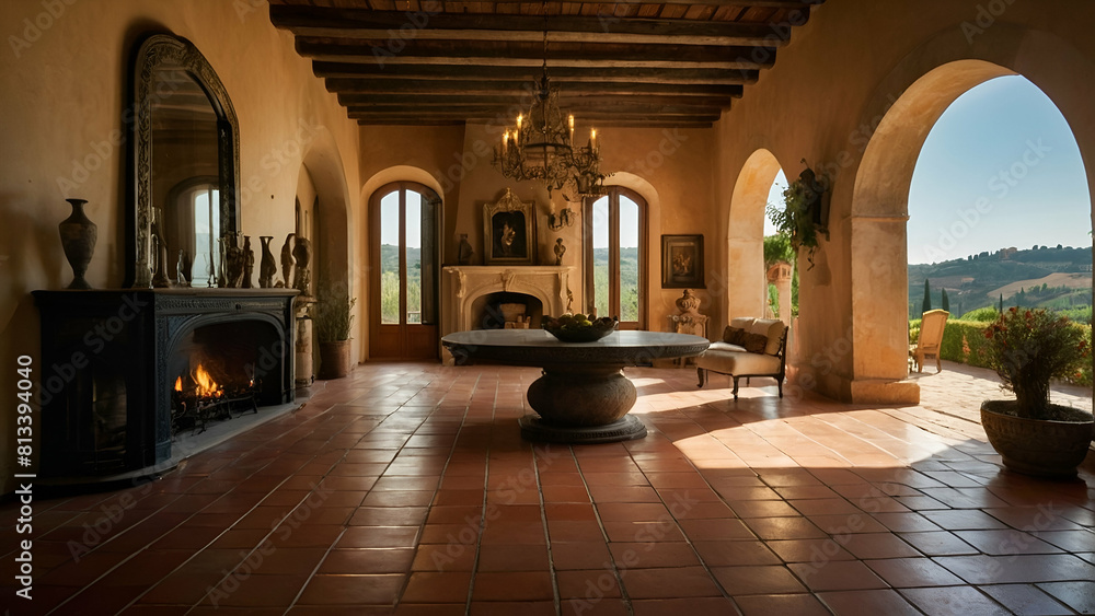  Inside a lavish villa nestled in the heart of Tuscany, surrounded by rolling vineyards and cypress trees
