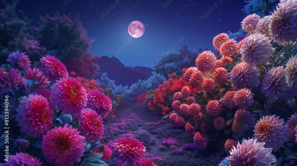 Obraz premium Illuminate the night sky with the vibrant colors of Dahlia blooms lining a pathway, their beauty intensified by the moon's radiance, captured in a breathtaking aerial view.