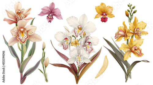 Set of exotic and colorful orchids including cymbidium  dendrobium  and vanilla
