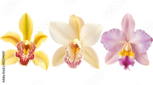 Set of exotic and colorful orchids including cymbidium  dendrobium  and vanilla