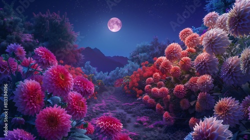 Illuminate the night sky with the vibrant colors of Dahlia blooms lining a pathway, their beauty intensified by the moon's radiance, captured in a breathtaking aerial view.