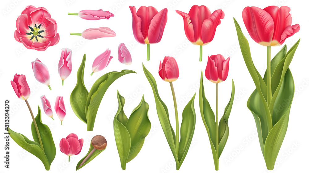 Set of tulip elements including tulip flowers, bulbs, petals, and leaves Set of tulip elements including tulip flowers, bulbs, petals, and leaves