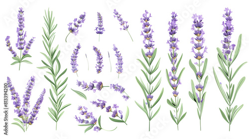 Set of lavender elements including lavender sprigs  individual flowers  leaves  and buds