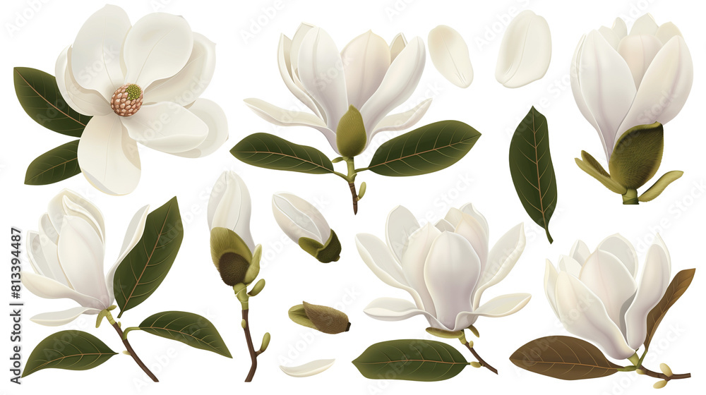 Set of magnolia elements including magnolia blooms, buds, petals, and broad leaves Set of magnolia elements including magnolia blooms, buds, petals, and broad leaves