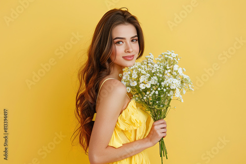 a woman holding flowers copy space isolated over yellow pastel color background 