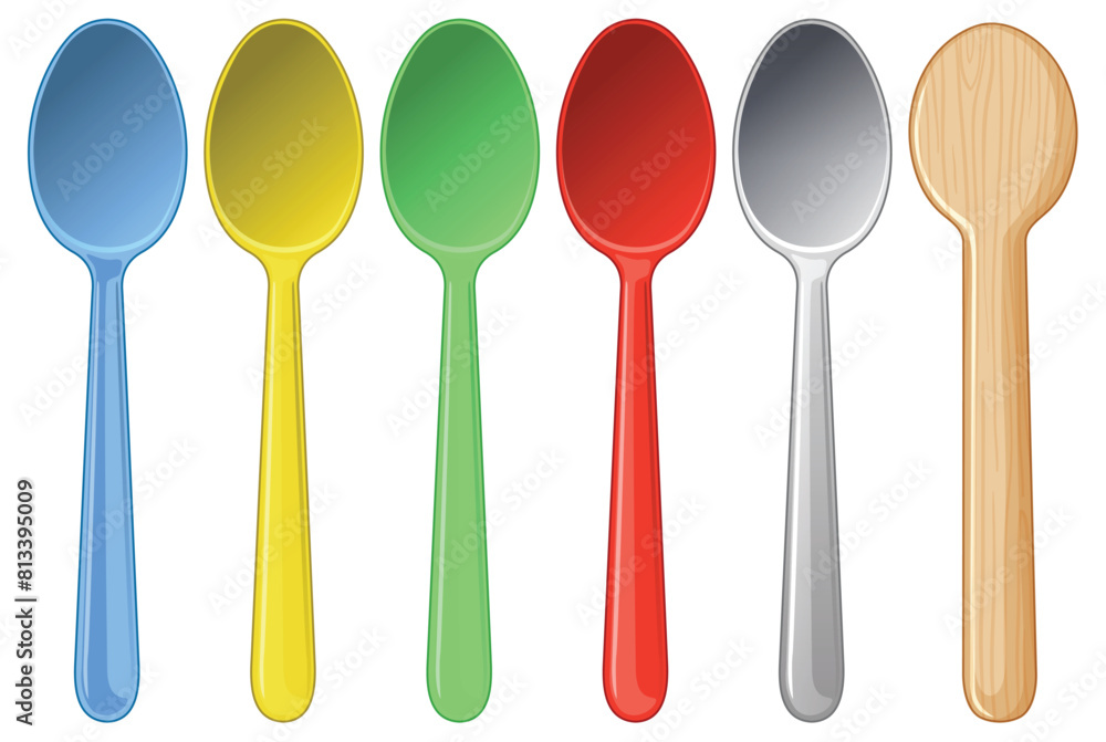 Variety of colorful spoons in a row Variety of colorful spoons in a row