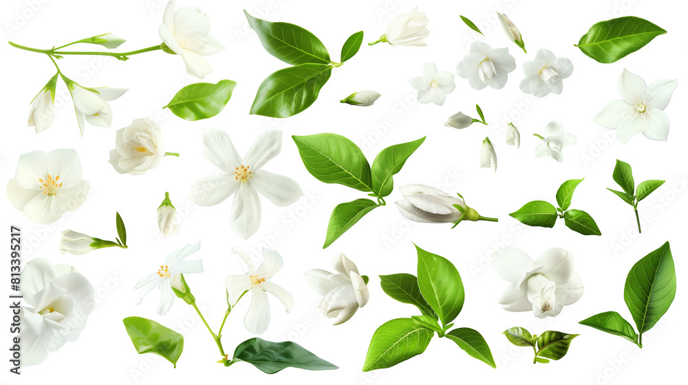 Set of jasmine elements including jasmine flowers, buds, petals, and leave Set of jasmine elements including jasmine flowers, buds, petals, and leave