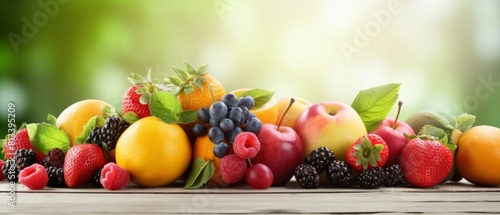 Fototapeta Naklejka Na Ścianę i Meble -  A variety of fruits are displayed on a wooden table, including apples, oranges