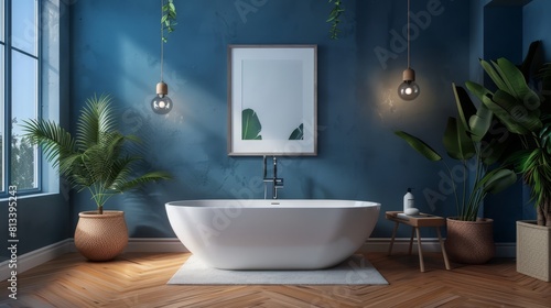 A bathroom with a large white bathtub  a mirror  and a potted plant