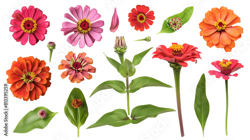 Set of zinnia elements including zinnia flowers, buds, petals, and leaves