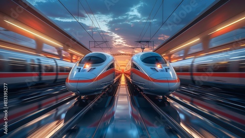 High-speed trains passing each other on a sleek