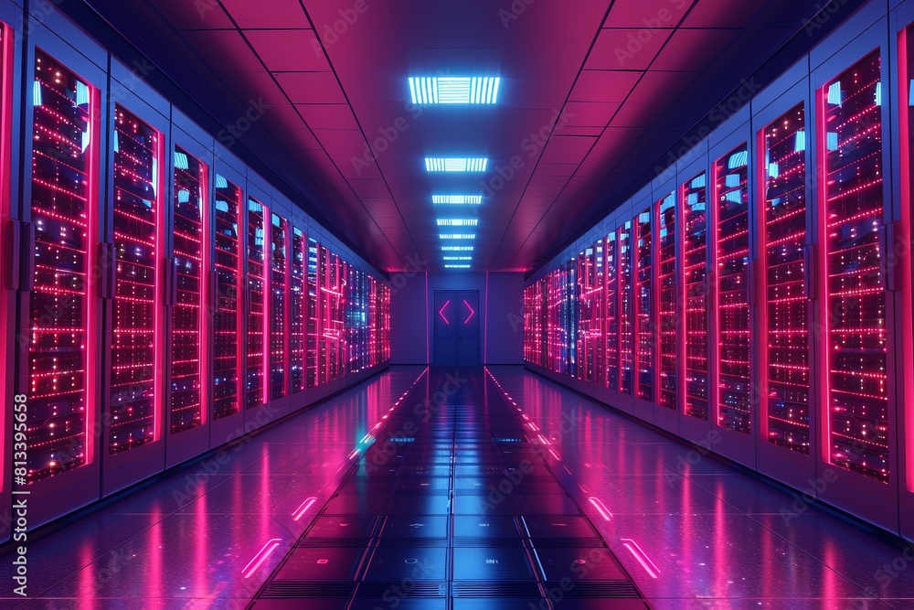 Fototapeta premium Safety protocols in quantum computing centers, front view, preventing quantum hacking, advanced tone, Analogous Color Scheme,