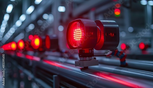 Red warning lights flashing on a factory alarm system during a safety drill Theme: industrial safety, close up, focusing on alert systems, cybernetic tone, vivid,